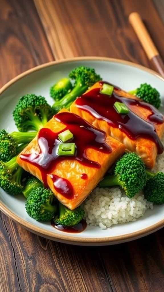 Miso-glazed salmon with sesame broccoli on a rustic plate, garnished with green onions.